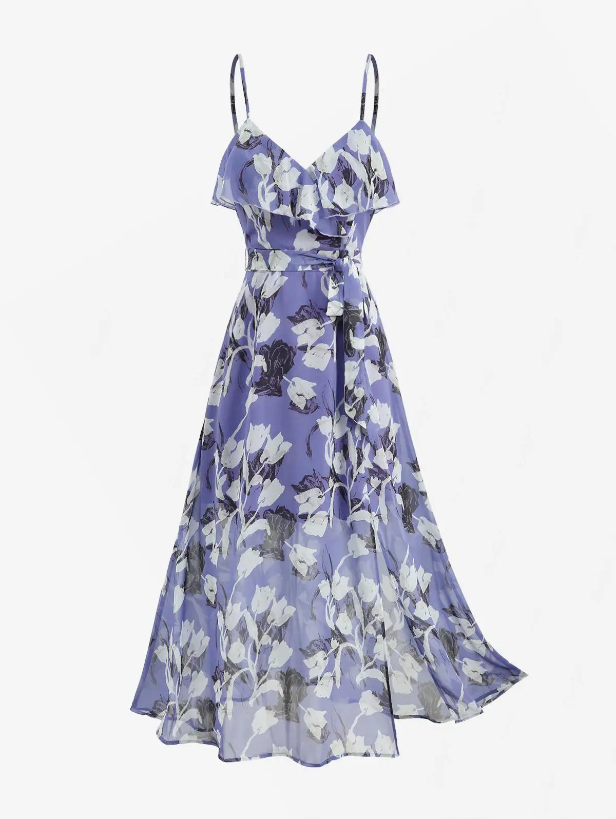Neue Sommerkleider für Damen, lila Blumendruck, Rüschen, geteiltes A-Linien-Trägerkleid mit abnehmbarem Gürtel, Cocktail-Partykleid, Vestido