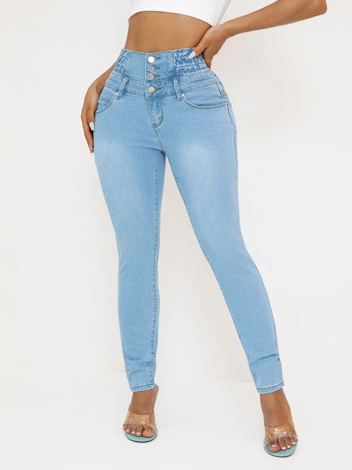 Damen-Jeans aus Stretch-Denim mit hoher Taille –  schmale Passform mit Po-Lifting, lässiger Stil, Hellblau, Ganzjahres-Komfort, hohe W