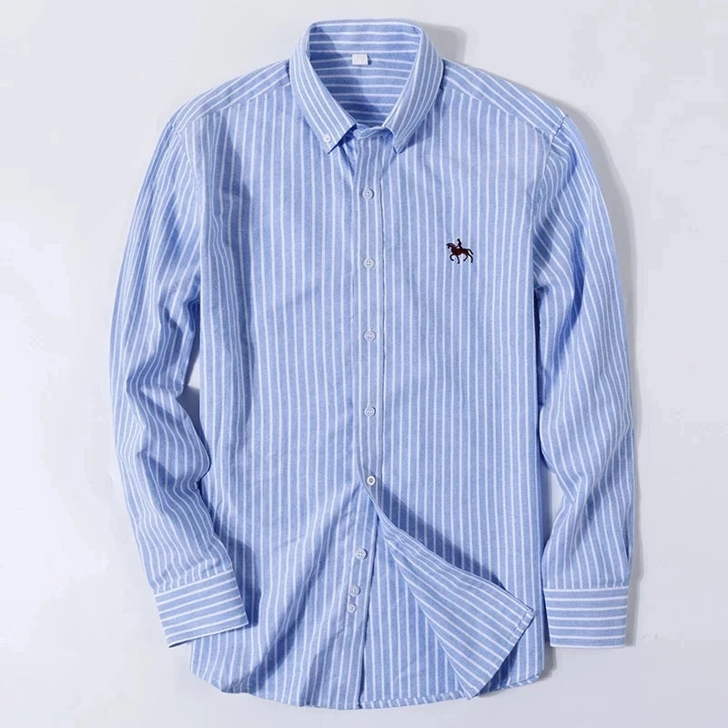 S-6XL Oxford-Hemden für Herren, langärmelig, reine Baumwolle, einfarbig, gestreift, Freizeit, bestickt, Pferd, Streetwear, Business, einfarbig, Büro, 6XL