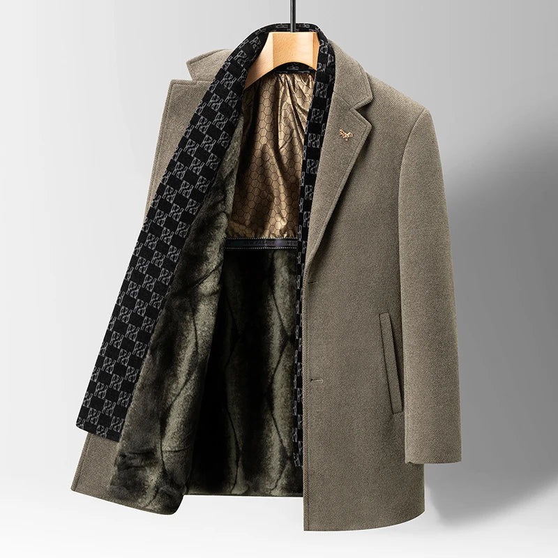 Winter männer Woolen Jacke Mode Verdicken Mittlere Länge Graben Drehen Unten Kragen Warme Oberbekleidung Business Casual Wolle Mantel
