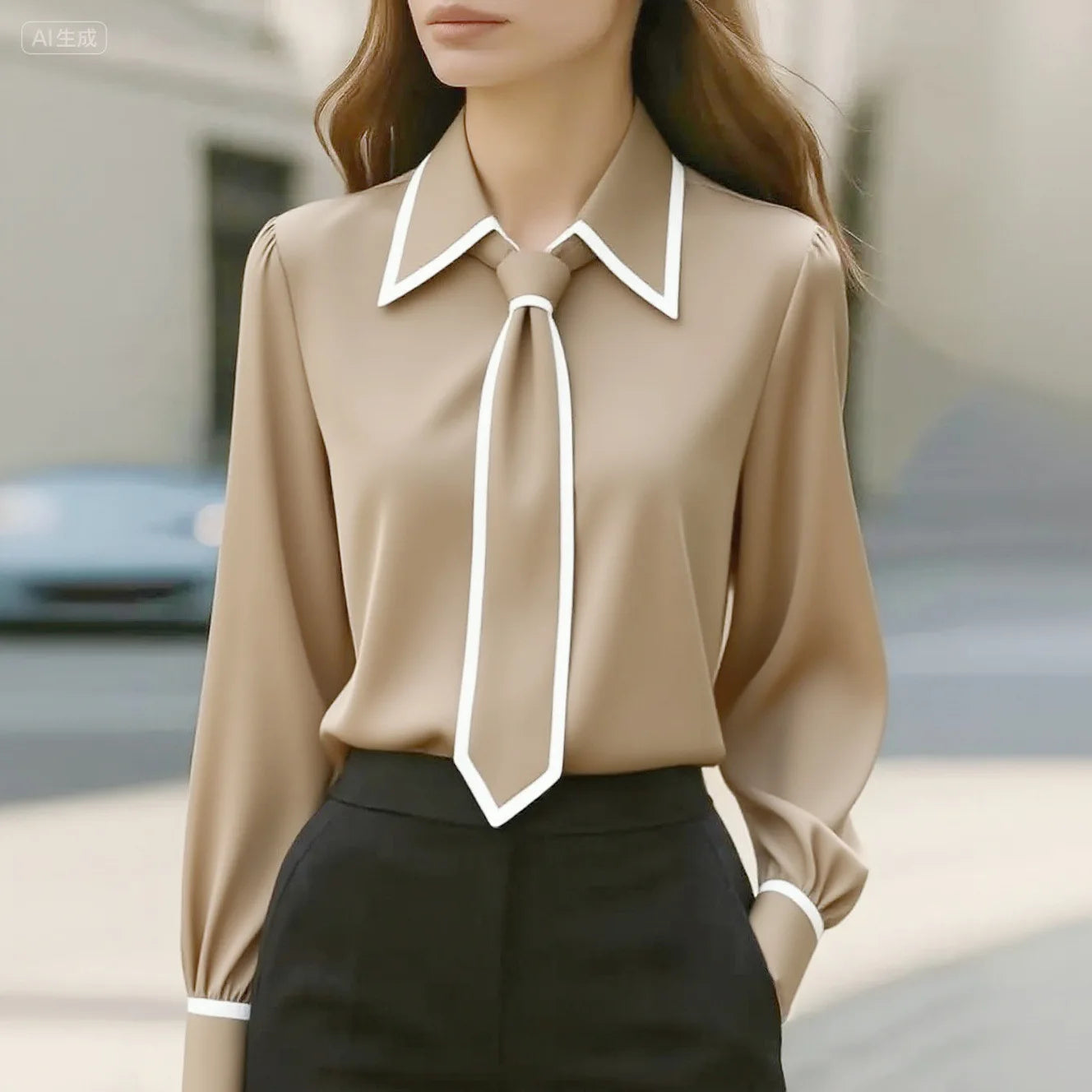 Damenbluse, modisches Hemd, formelle Fliege, langärmelig, kontrastierender Besatz, Oberteile, schmal geschnittene Arbeitskleidung, elegante Büro-Damenhemden für Damen