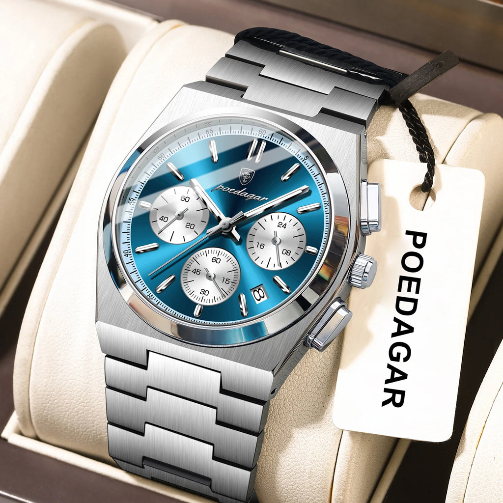 POEDAGAR Top Mode Mann Armbanduhr Chronograph Datum Edelstahl Business Männer Uhr Wasserdicht Leucht männer Quarz Uhren