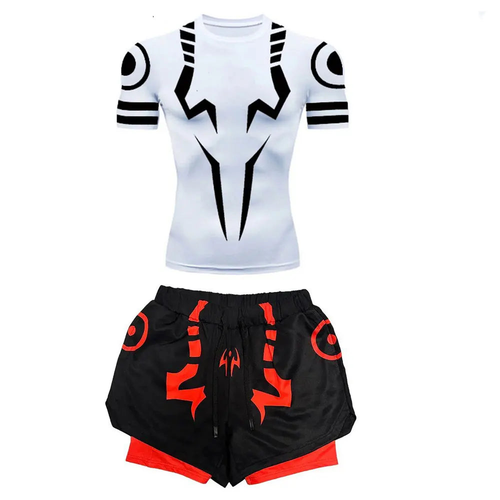 Anime Jujutsu Kaisen Kompressionsset Fitnessanzug für Herren, schnell trocknendes 3D-Kompressionsshirt + Fitnessstudio-Shorts, Lauf-Workout-Sportbekleidung