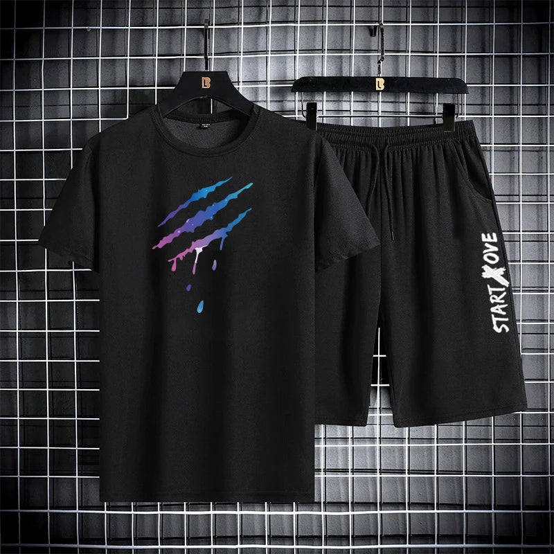 Sommer, dünn, lässig, schnell trocknend, zweiteiliges Set, Herren-Set, Sport, Outdoor, Laufen, Kurzarm-T-Shirt + Shorts, Trainingsanzug-Sets