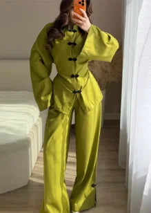 Lässiges chinesisches Hemd-Hosen-Set für Damen: Stehkragen, Langarm, Einreiher, lockere Hemden und Hosen, Streetwear-Outfit für Damen