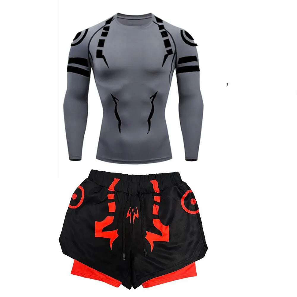 Anime Jujutsu Kaisen Kompressionsset Fitnessanzug für Herren, schnell trocknendes 3D-Kompressionsshirt + Fitnessstudio-Shorts, Lauf-Workout-Sportbekleidung