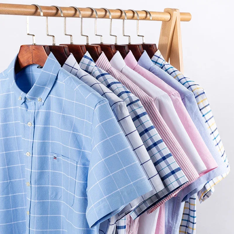 100% Baumwolle Atmungsaktiv Männer Oxford Kurzarm Sommer Plaid Shirts Gestreiften Männliche Kleidung Business Regular Fit Übergroßen