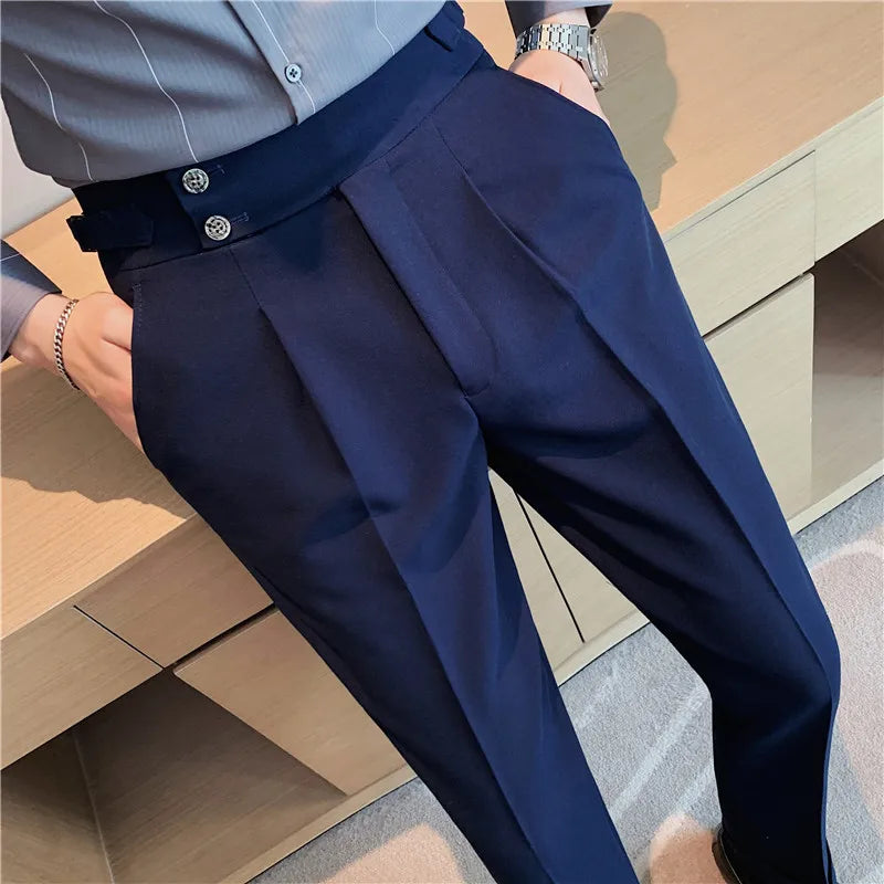 2026 Frühling Herbst Männer Hohe Taille Gürtel Design Beiläufige Dünne Formale Kleid Hose Männer Sozialen Büro Hochzeit Party Kleid Anzug Hosen