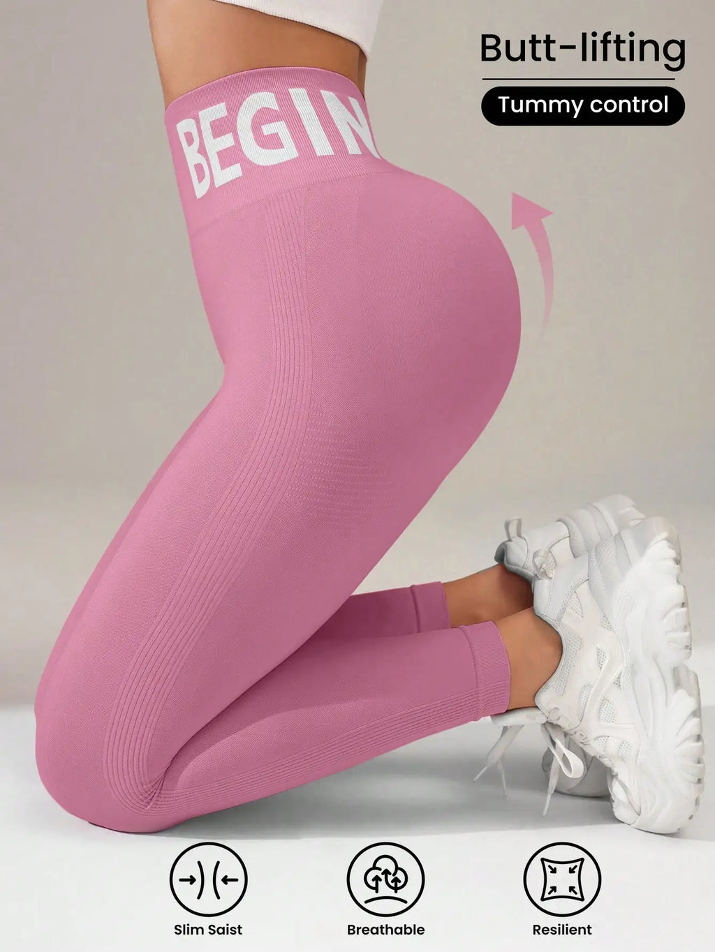 Europäische und amerikanische nahtlose Yoga-Leggings mit Bundbeschriftung, Po-Lifting, schnell trocknende, atmungsaktive Damenstrumpfhose für Erbse