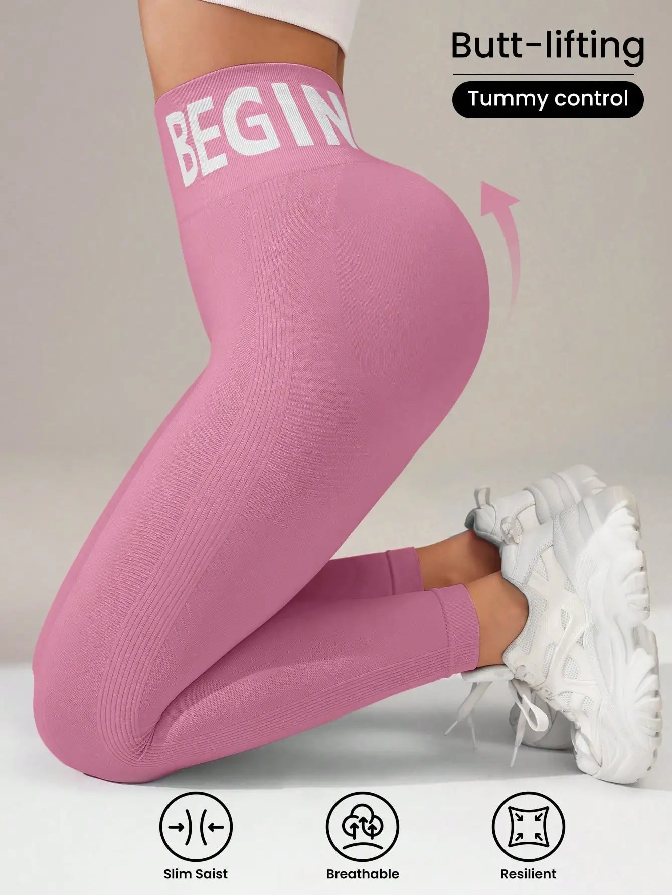 Europäische und amerikanische nahtlose Yoga-Leggings mit Bundbeschriftung, Po-Lifting, schnell trocknende, atmungsaktive Damenstrumpfhose für Erbse