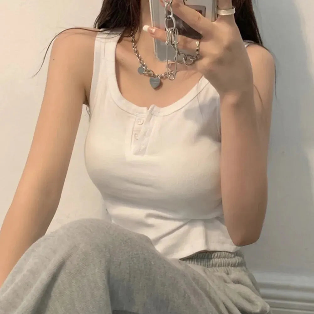 Tank-Top für Damen, gerippt, mit Knopfleiste, ärmellose Bluse, einfarbig, lässig, für Damen und Teenager, trendige Basic-Sommerkleider