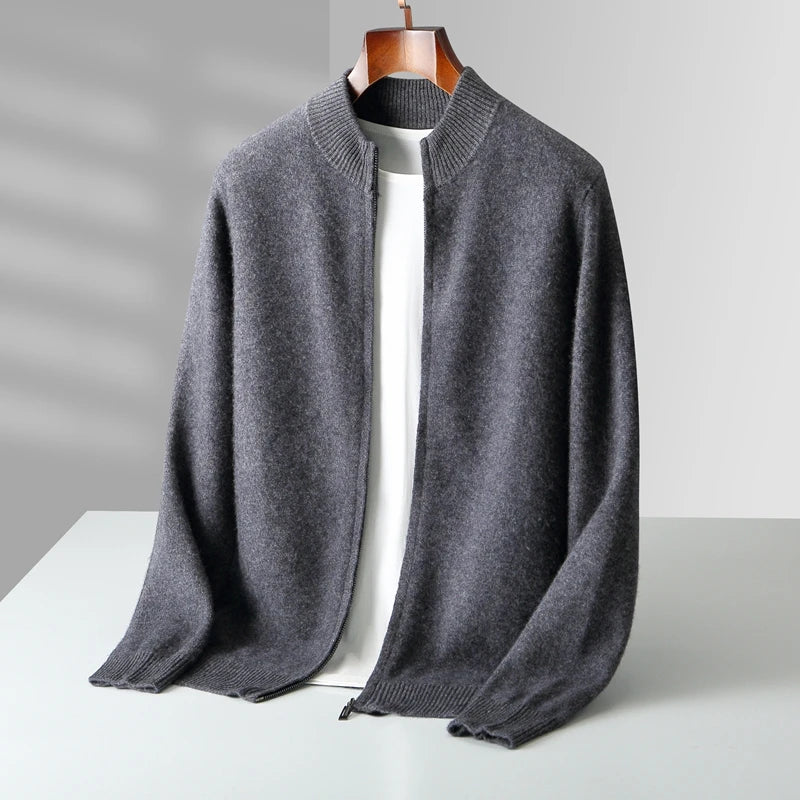 Merinowolle,100 %  warmer Herrenpullover, Stehkragen, verdickte Strickjacke mit Reißverschluss, Herbst-Winter, neue Kaschmir-Strick-Langarm-Tops