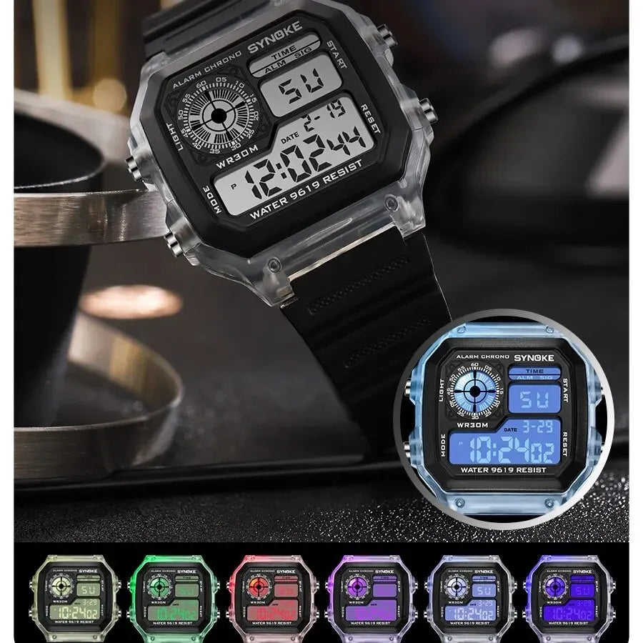 Synoke digital uhren männer sport leuchtende multifunktion wasserdicht chrono armbanduhr outdoor und lauf student sieben lichter