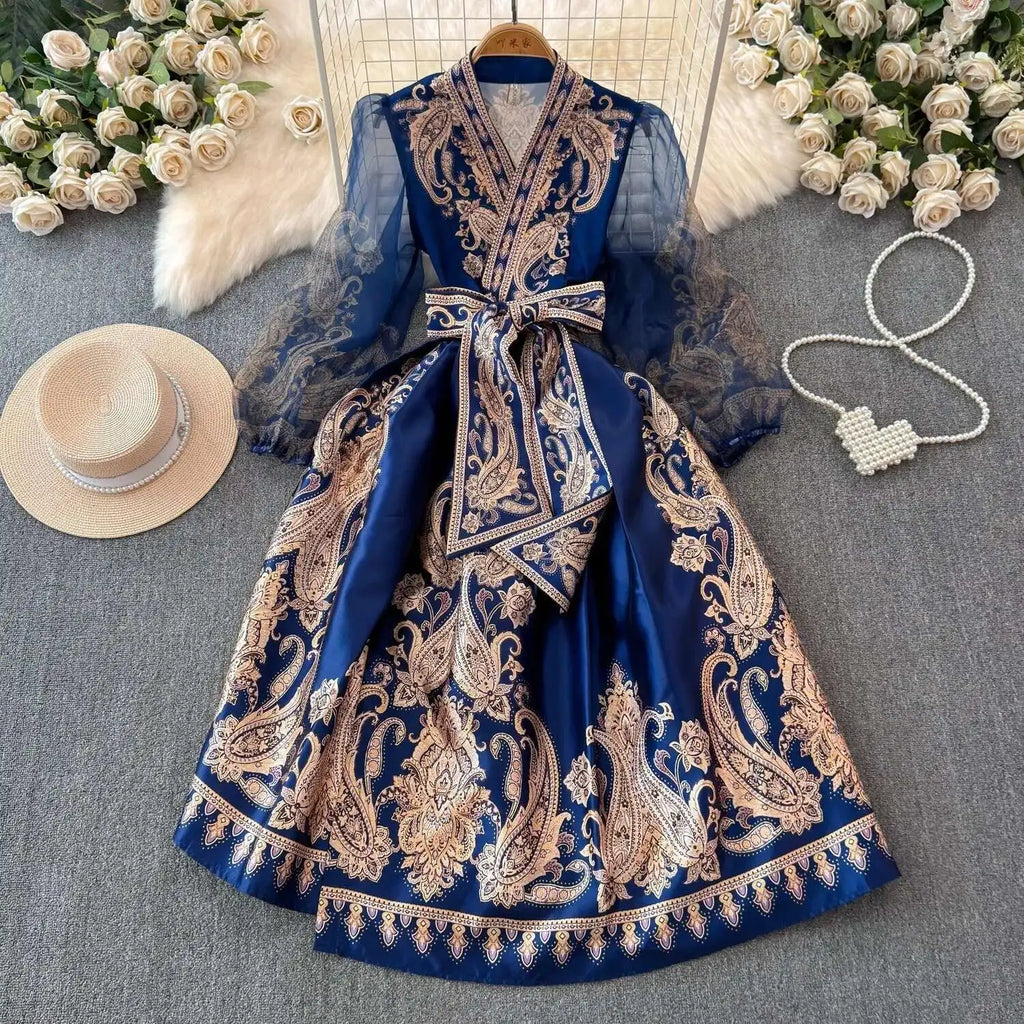 Jamerary Sommer Bohemian Blumen Midi Kleider Frauen kurze Puff Ärmel Kreuz V-Ausschnitt Blumen druck Bandage Schnür Robe lange Vestido