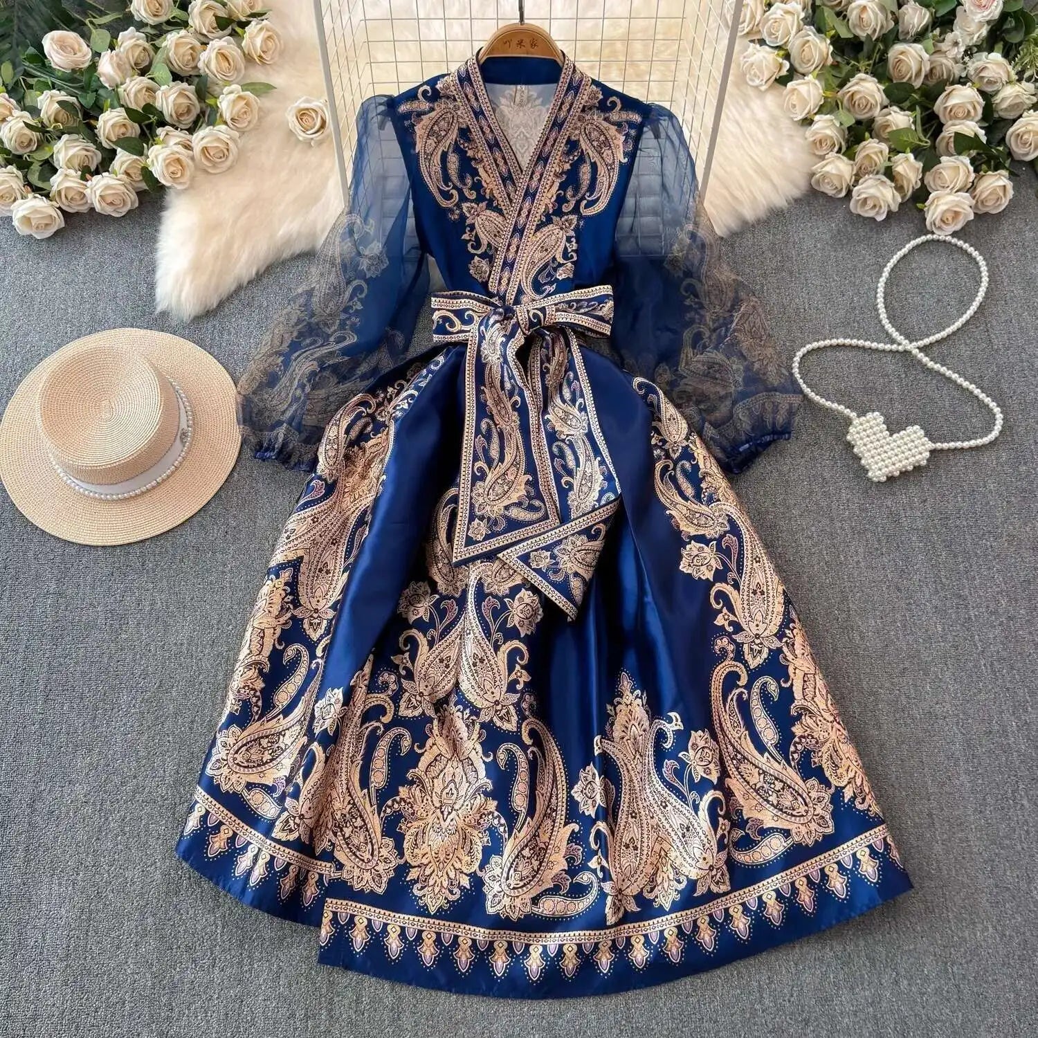 Jamerary Sommer Bohemian Blumen Midi Kleider Frauen kurze Puff Ärmel Kreuz V-Ausschnitt Blumen druck Bandage Schnür Robe lange Vestido