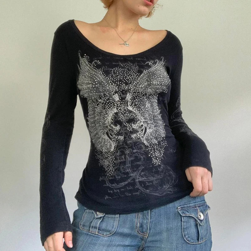 Grunge Cyber Mall Goth Thermo T-Shirt Totenköpfe Grafikdruck Langarm Pullover Tops Damen 90er Jahre Vintage Ästhetische T-Shirts