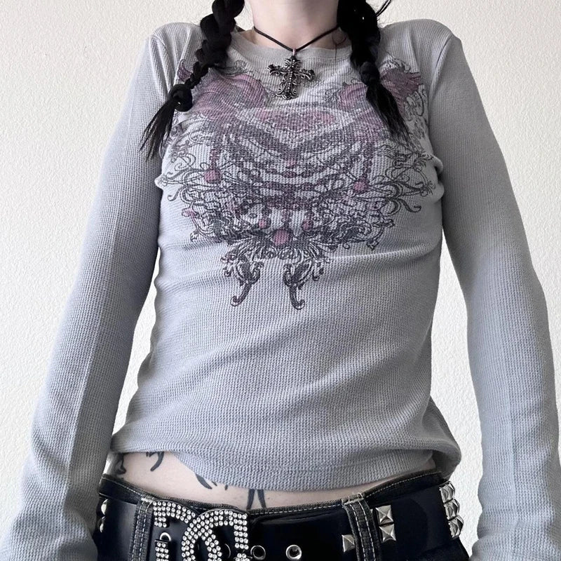 Grunge Cyber Mall Goth Thermo T-Shirt Totenköpfe Grafikdruck Langarm Pullover Tops Damen 90er Jahre Vintage Ästhetische T-Shirts