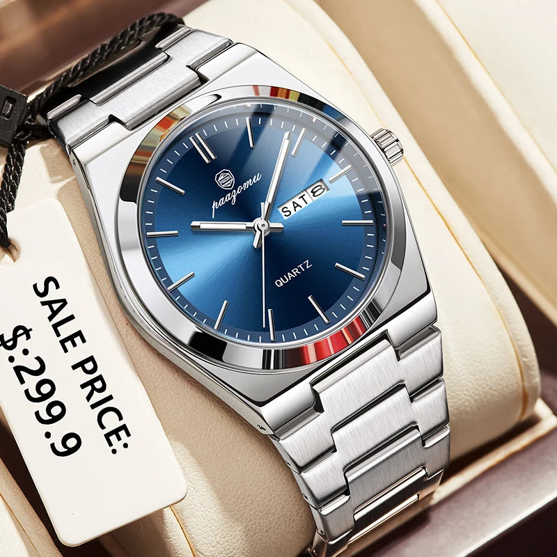 PAAZOMU Luxus Sport Quarz Mann Armbanduhr Wasserdicht Leucht Datum Woche Männer Uhren Edelstahl herren Uhr Männlich Reloj + box