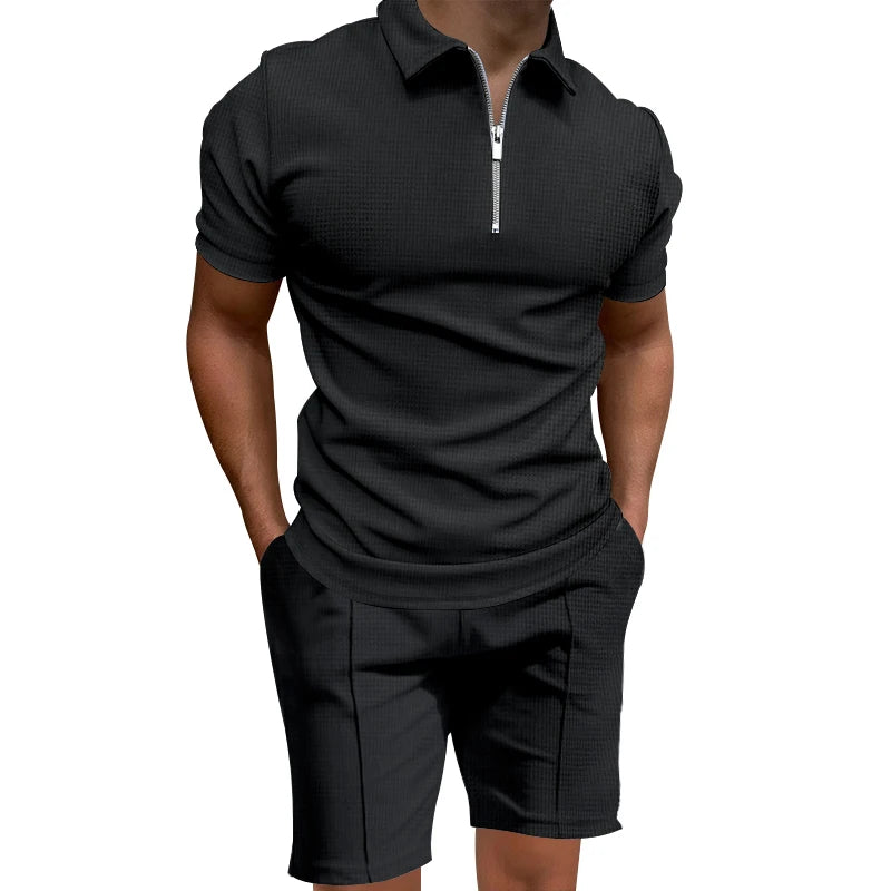 Grenzüberschreitendes  Sommer-Herren-Poloshirt-Set, einfarbig, Waffel, kurzärmelig, schmales Revers-T-Shirt, lässiges Herren-Set