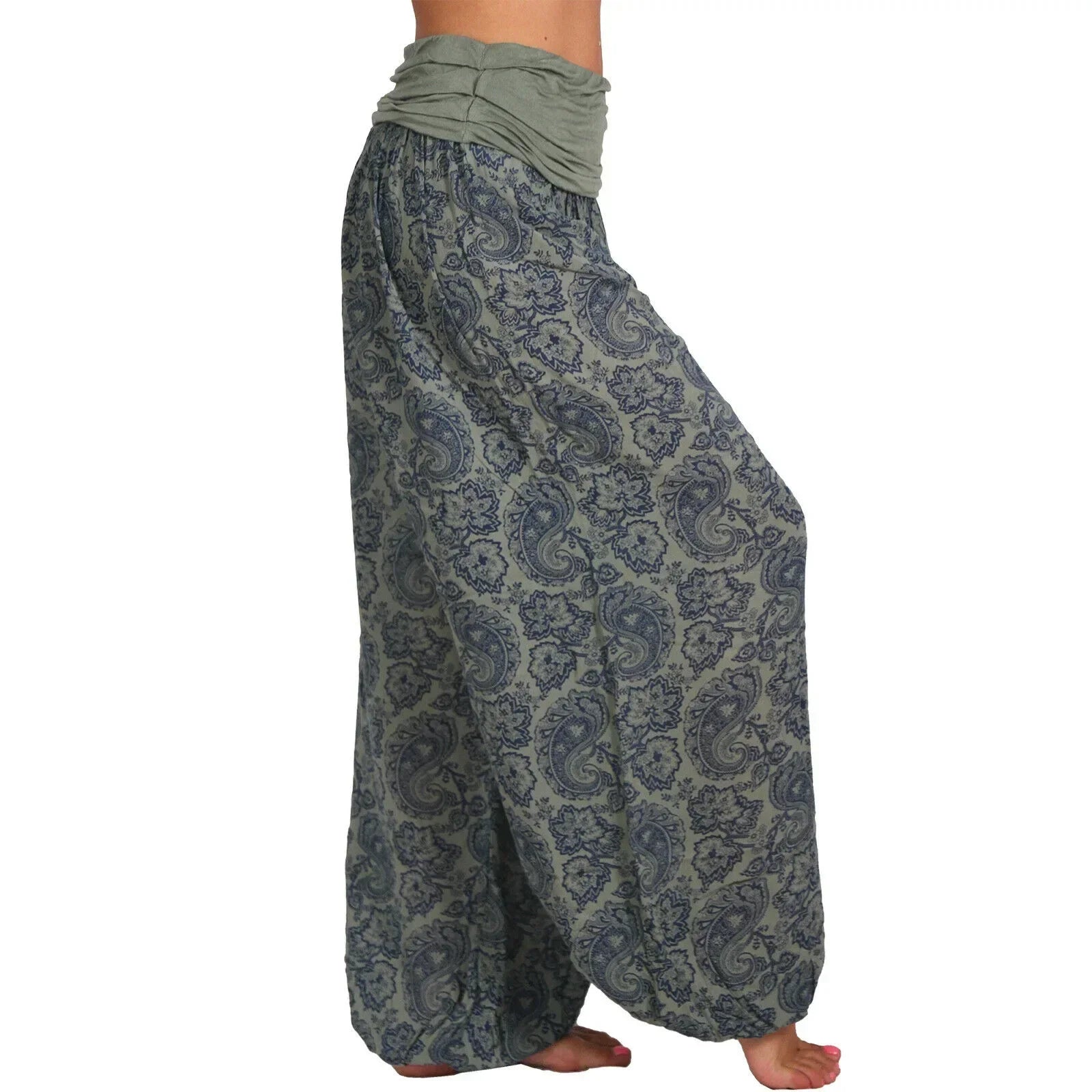 Damen Boho Haremshose – weites Bein, Vintage-Print, elastische Taille