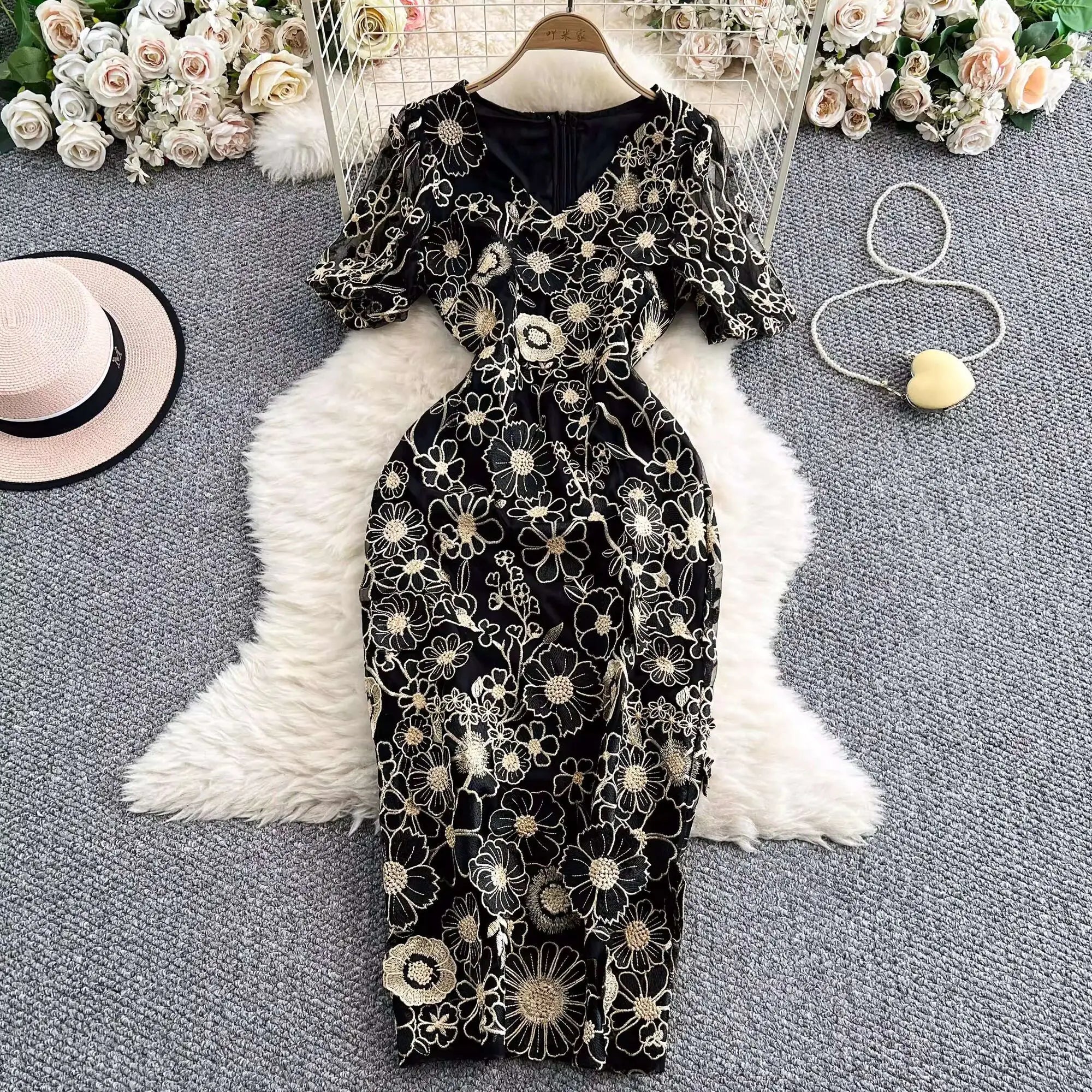 Sommer Luxus Midi Lange Kleider Party Elegante 3D Blume Stickerei Kurzarm Bleistift Tüll Prom Formale Kleid Frauen