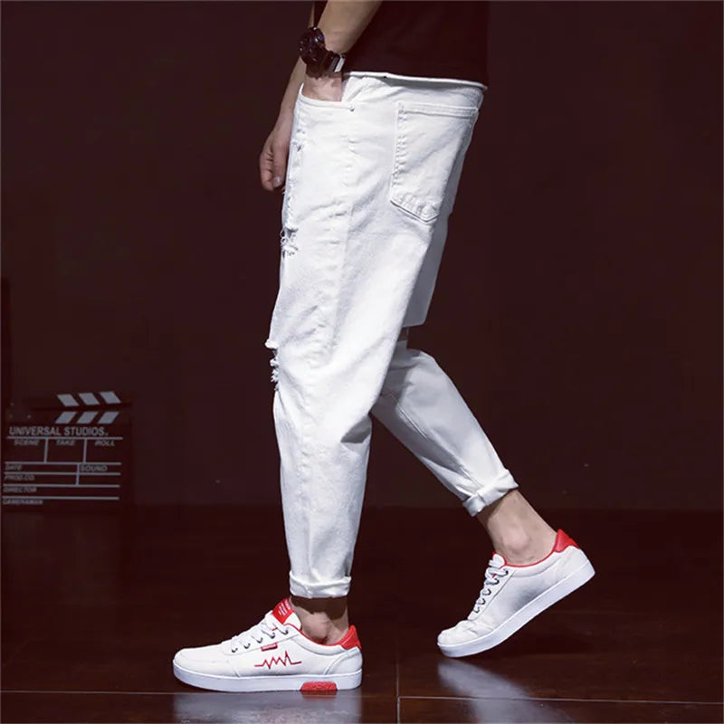 Weiße zerrissene Jeans für Herren, Harem, Jungen, Denim, Distressed, schwarze Hose, Frühling, Sommer, männlich, zerkratzt, Übergröße 40, 42, große Cowboy-Hose