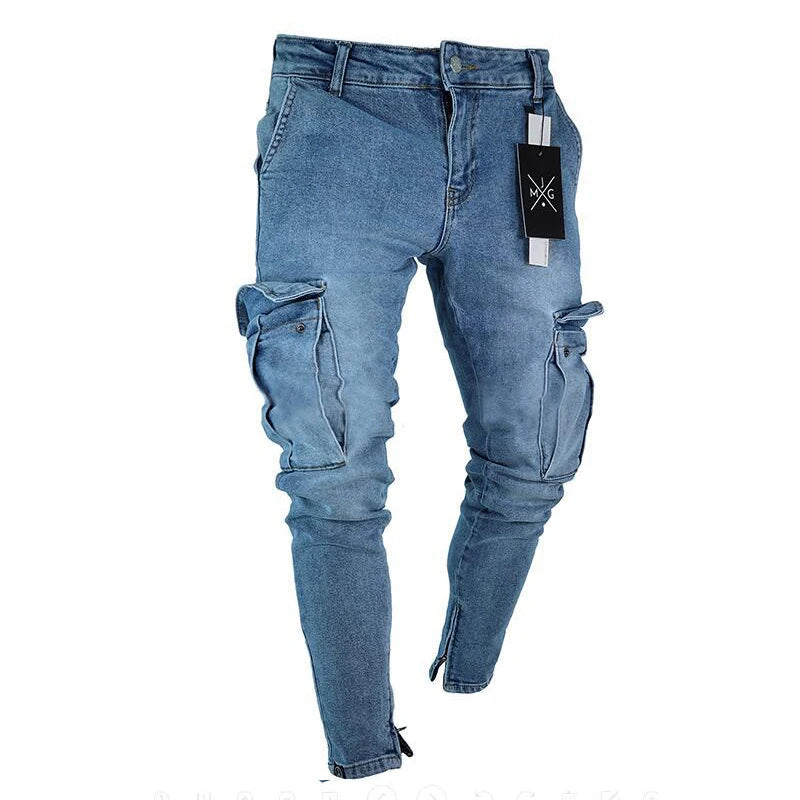 Jeans Männer Hosen Wash Feste Farbe Multi Taschen Denim Mittlere Taille Cargo Jeans Plus Größe Fahsion Casual Hosen Männlichen Täglich tragen