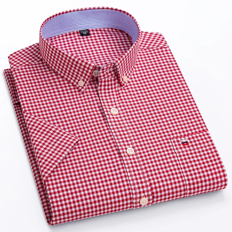 100% Baumwolle Atmungsaktiv Männer Oxford Kurzarm Sommer Plaid Shirts Gestreiften Männliche Kleidung Business Regular Fit Übergroßen