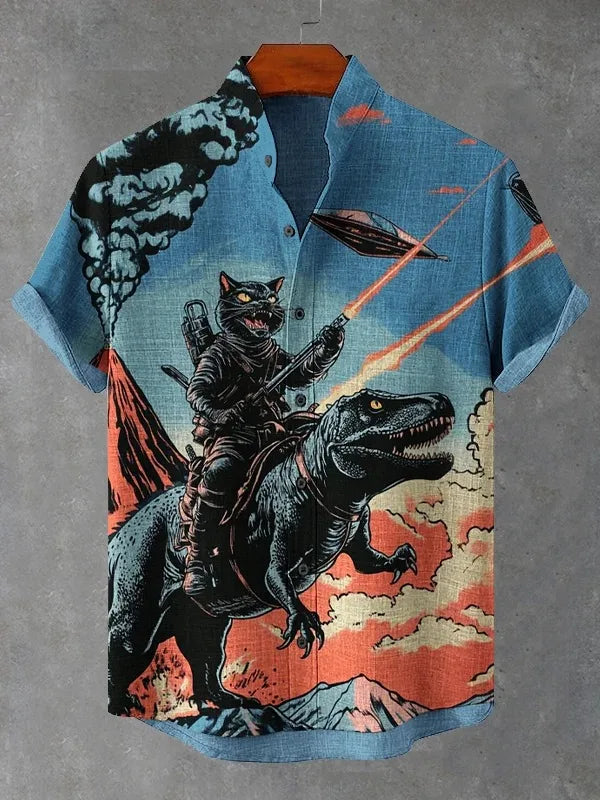 Herren-Retro-Katzenhemd mit lustigem Kalligrafie-Dinosaurier-Vulkaneruption-Print, kurzärmelig, Urlaubsmode, Vintage japanische Kleidung