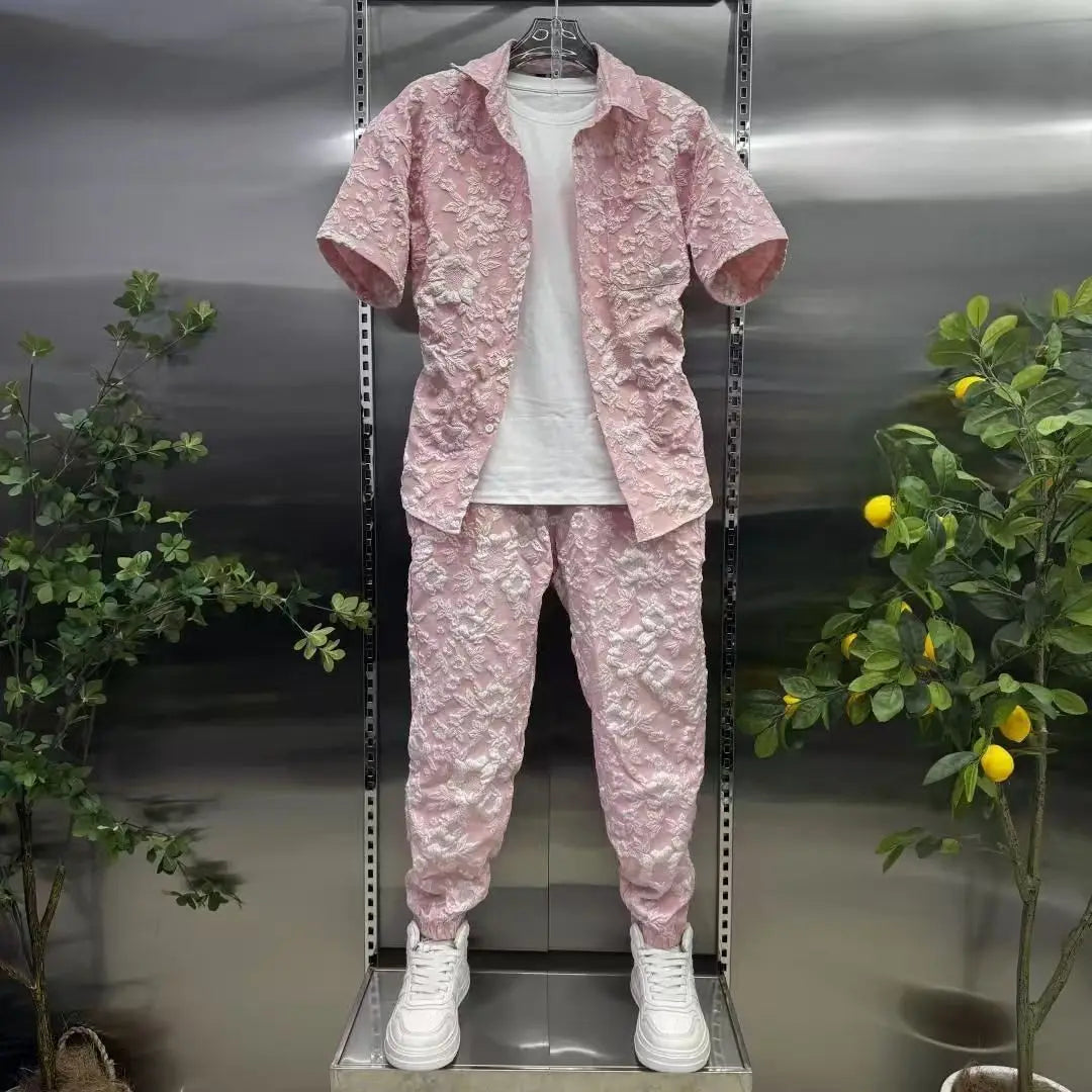 Sommer Shirts + Hosen Männer Sets Neue Männer Casual Druck Hemd Zwei Stück Herren Sportswear Jogger Trainingsanzüge Mode Anzug