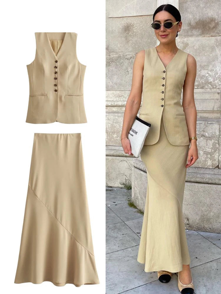 HH Frauen Weste Rock Sets Weibliche Khaki Lange Blazer Weste V-ausschnitt Ärmelloses Dünnes Top + Elegante Hohe Taille EINE linie Rock Anzug ONKOGENE