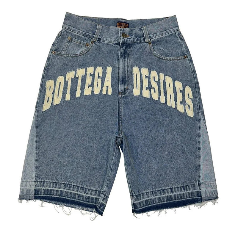 Retro Denim Shorts mit Brief Stickerei Übergroße Jeans Männer Y2k Lose Beiläufige Vielseitige Shorts Frau