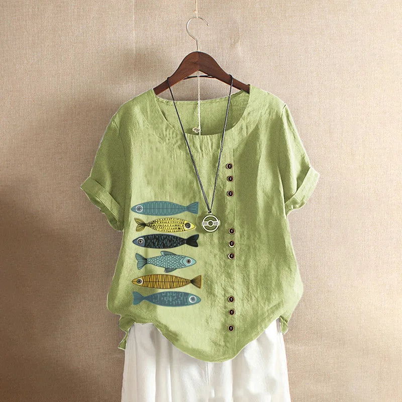 Angebot Frauen Baumwolle Leinen Bluse Shirts Sommer Oansatz Kurzarm Vintage Floral Print Lose Tops WYLP-AL 620409060860