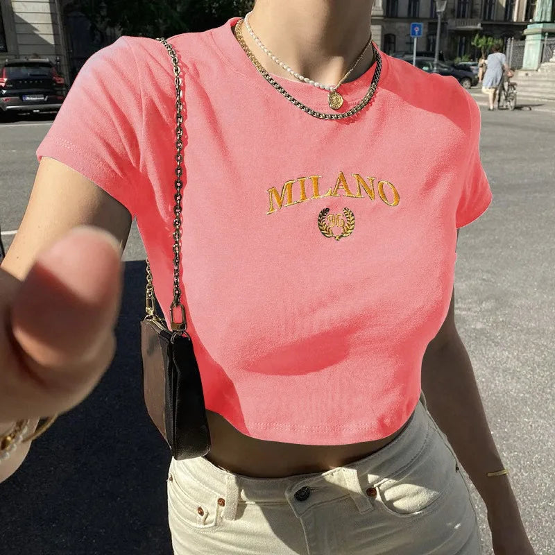 Frauen T-shirt Kleidung Kurzarm Schwarz Crop Top Harajuku Brief Stickerei T Shirt Weibliche Sommer Sexy Oansatz Cropped Tops