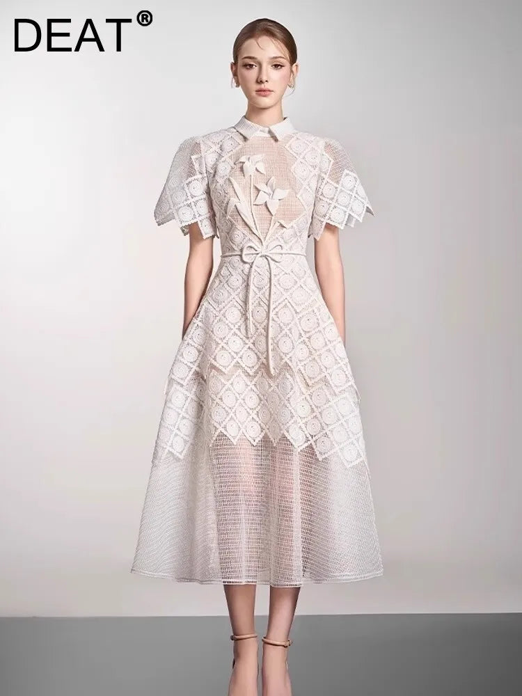 DEAT Elegantes Kleid Spitze Gaze Gespleißt Einfarbig Umlegekragen Kurzarm Schlanke frauen Kleider 2025, Frühjahr Neue 15DZ285