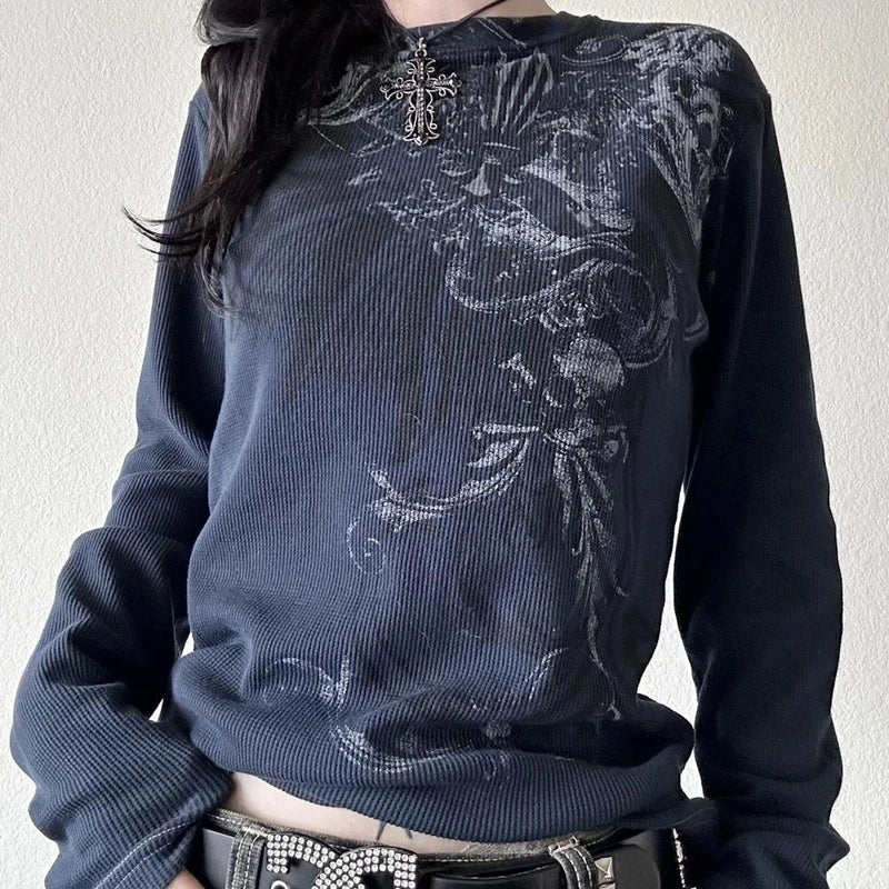 Grunge Cyber Mall Goth Thermo T-Shirt Totenköpfe Grafikdruck Langarm Pullover Tops Damen 90er Jahre Vintage Ästhetische T-Shirts