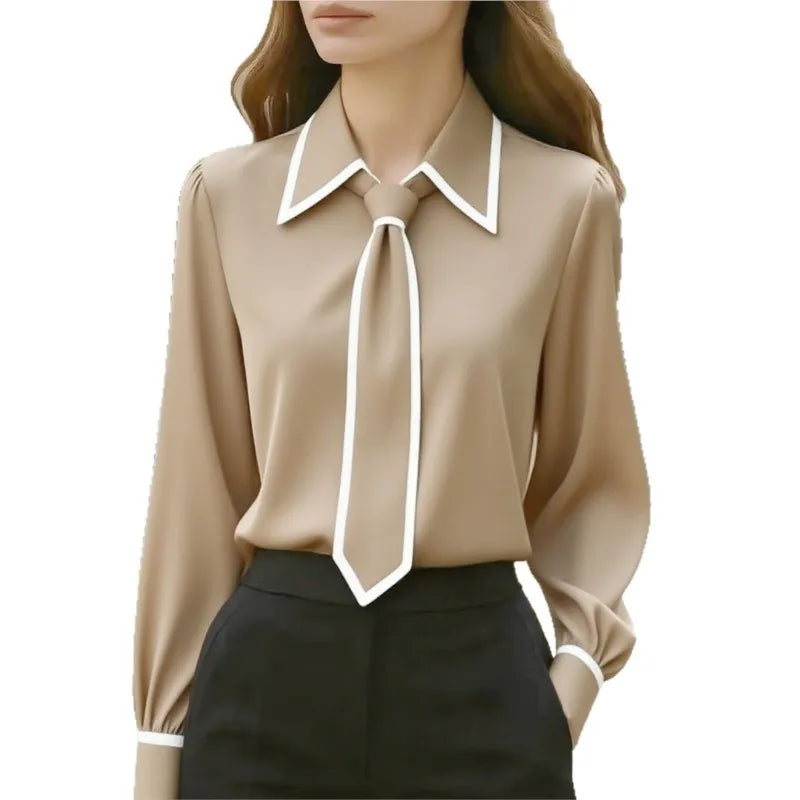 Damenbluse, modisches Hemd, formelle Fliege, langärmelig, kontrastierender Besatz, Oberteile, schmal geschnittene Arbeitskleidung, elegante Büro-Damenhemden für Damen