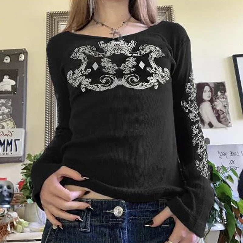 Grunge Cyber Mall Goth Thermo T-Shirt Totenköpfe Grafikdruck Langarm Pullover Tops Damen 90er Jahre Vintage Ästhetische T-Shirts