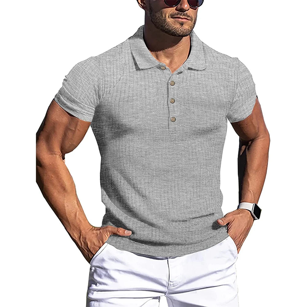 Neue Sommer Polo Männer Solide Streifen Fitness Elastizität Kurzarm Polo Shirts für Männer Mode Stehen Kragen Herren Shirts