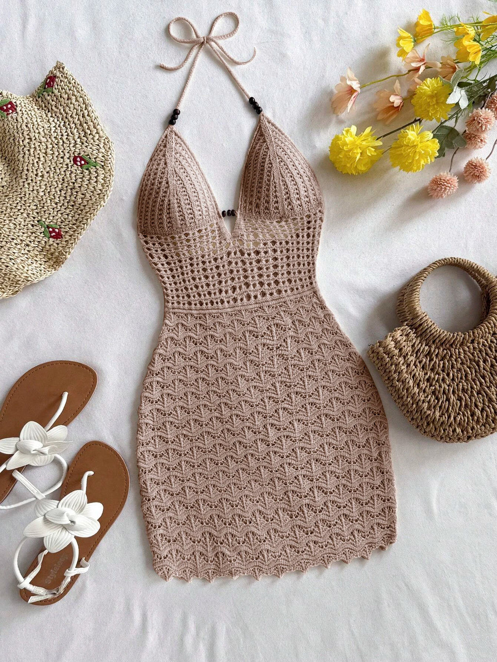 Sommerliches sexy Slim-Fit-Kleid mit ausgehöhlten Holzperlen und V-Ausschnitt, Urlaubsgurten und trägerlosem Strickkleid mit Farbverlauf