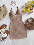 Sommerliches sexy Slim-Fit-Kleid mit ausgehöhlten Holzperlen und V-Ausschnitt, Urlaubsgurten und trägerlosem Strickkleid mit Farbverlauf