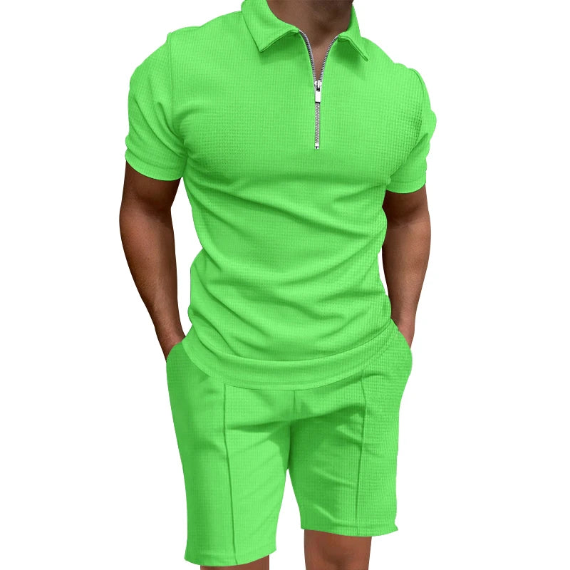 Grenzüberschreitendes  Sommer-Herren-Poloshirt-Set, einfarbig, Waffel, kurzärmelig, schmales Revers-T-Shirt, lässiges Herren-Set