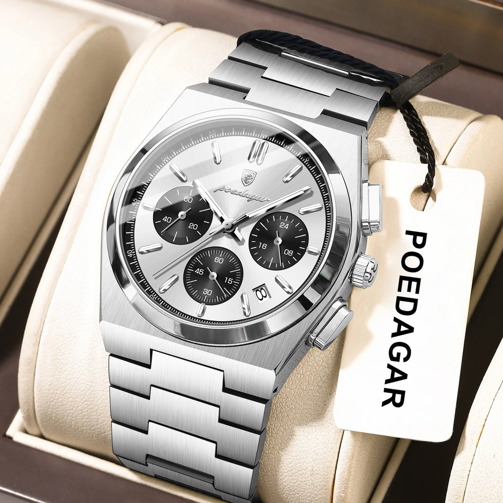 POEDAGAR Top Mode Mann Armbanduhr Chronograph Datum Edelstahl Business Männer Uhr Wasserdicht Leucht männer Quarz Uhren