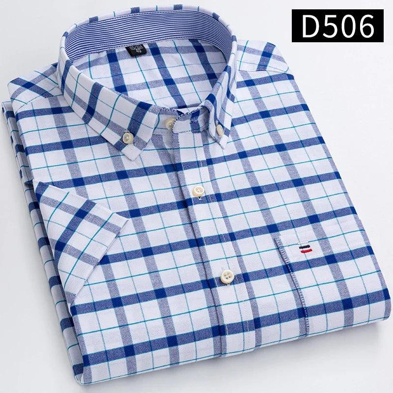 100% Baumwolle Atmungsaktiv Männer Oxford Kurzarm Sommer Plaid Shirts Gestreiften Männliche Kleidung Business Regular Fit Übergroßen