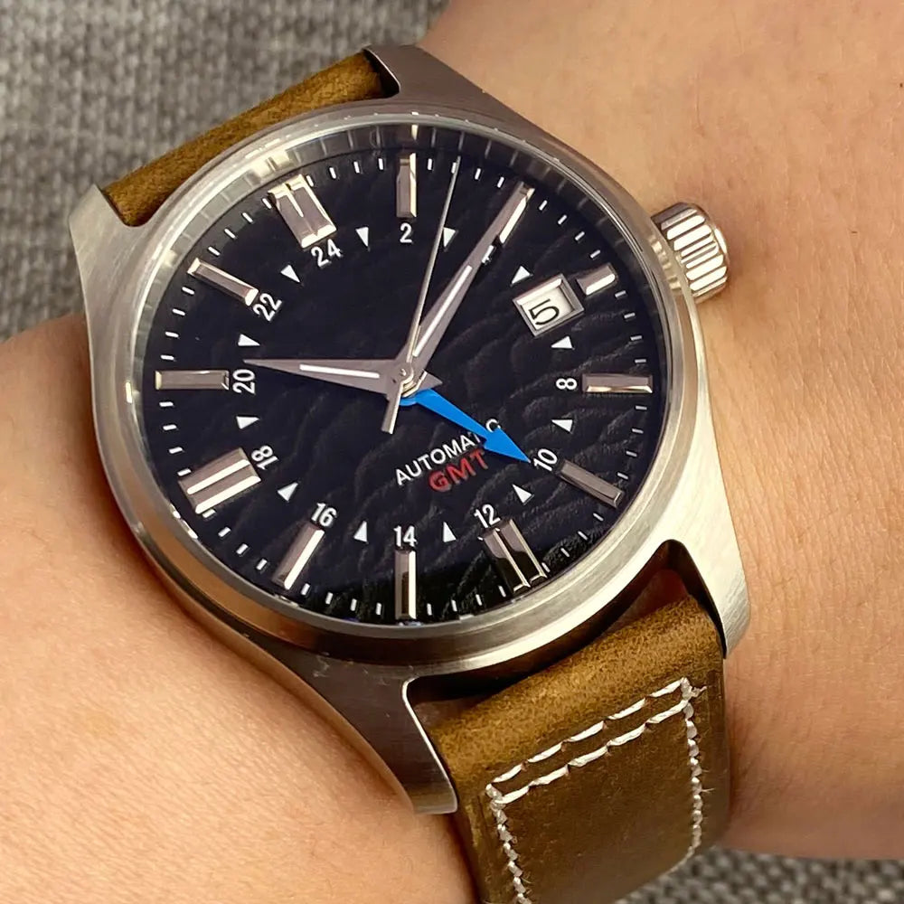 Tandorio Japan NH34 automatische mechanische Uhr für Herren, Taucher-GMT-Uhrwerk, 200 m wasserdicht, 39 mm Saphirglas-Lederband