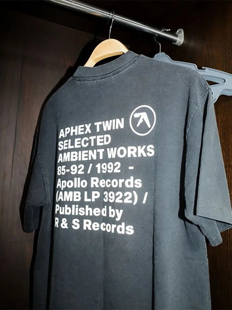 Männer T-Shirt Aphex Twin Gewaschen Schwarz Druck Baumwolle Grafik Übergroßen Koreanische Mode Kurzarm Tops Tees Y2k Streetwear Kleidung