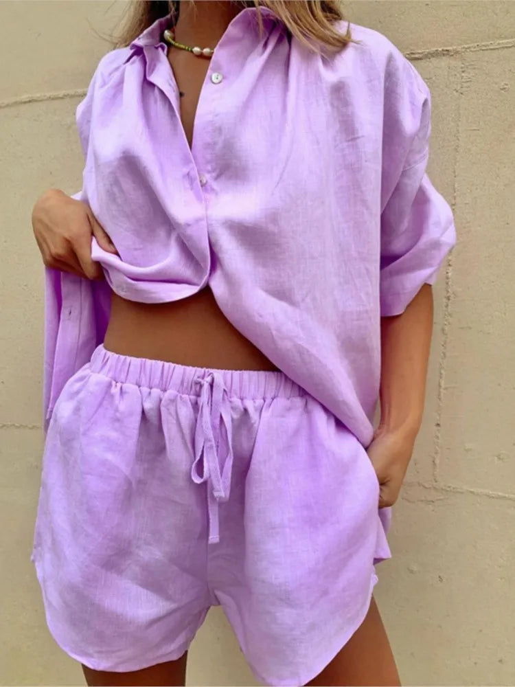 Casual Baumwolle Einfarbig Sets Frauen Kurzarm Lose Hemd Breite Bein Shorts Zwei Stück Set Frau Anzüge 2024 Sommer Outfits