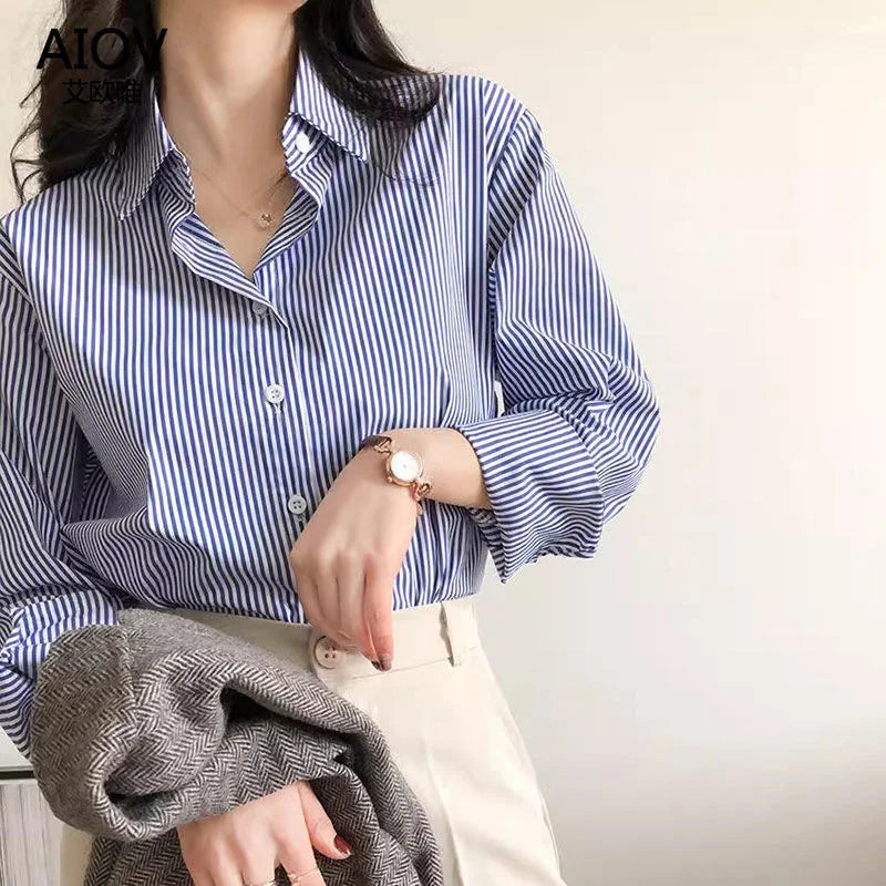 Klassische Gestreifte Frau Frühling Herbst Blusen Hemd Dame Lange Laterne Hülse Stehkragen Lose Blusas Tops