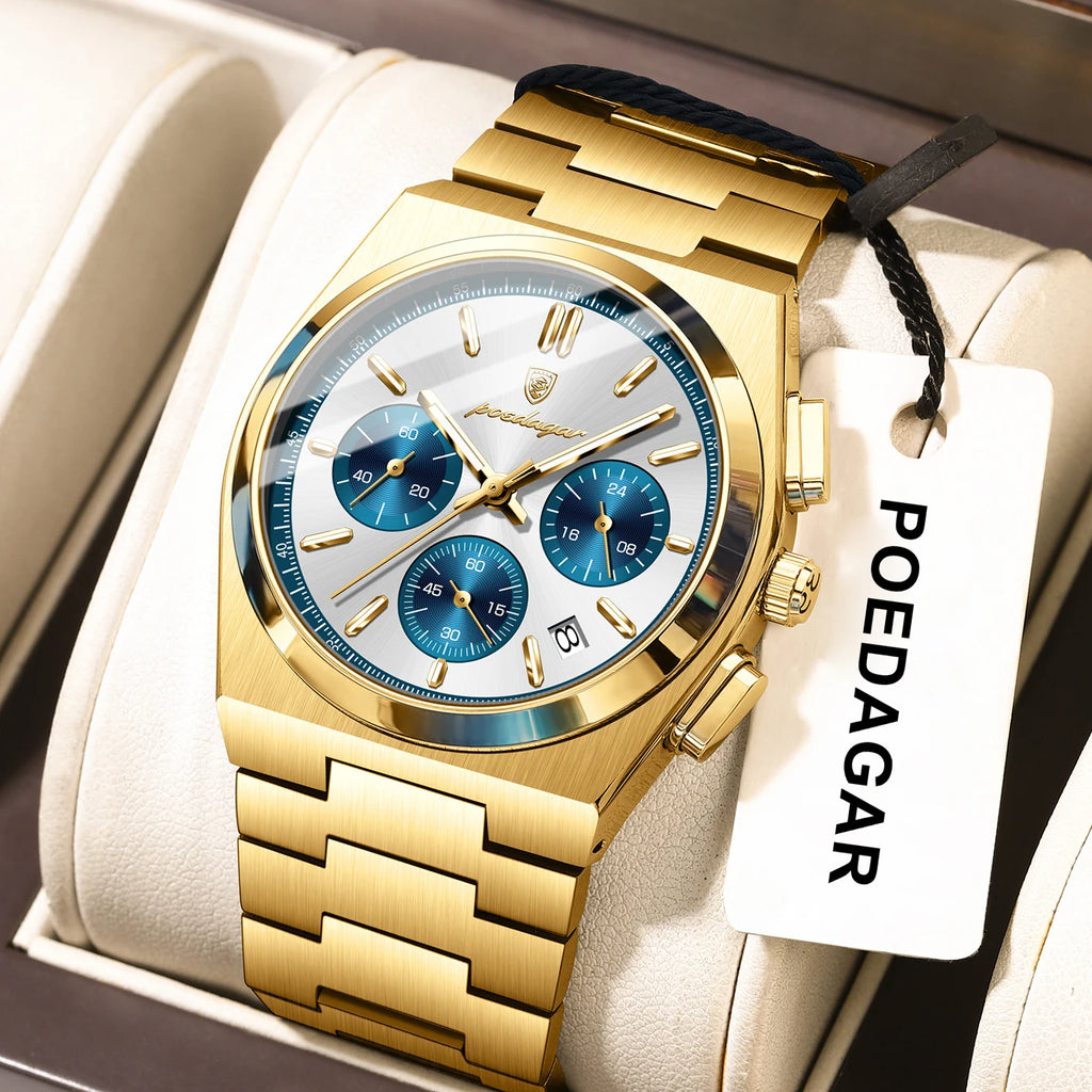 POEDAGAR Top Mode Mann Armbanduhr Chronograph Datum Edelstahl Business Männer Uhr Wasserdicht Leucht männer Quarz Uhren