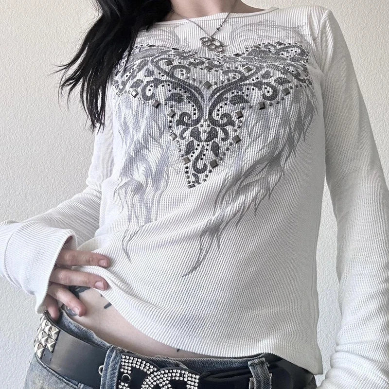 Grunge Cyber Mall Goth Thermo T-Shirt Totenköpfe Grafikdruck Langarm Pullover Tops Damen 90er Jahre Vintage Ästhetische T-Shirts